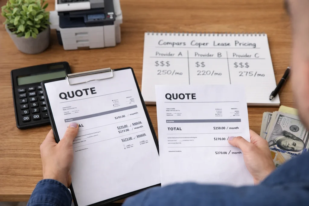 A handwritten checklist next to a copier lease pricing comparison sheet highlighting overages, response times, and hidden documentation fees.