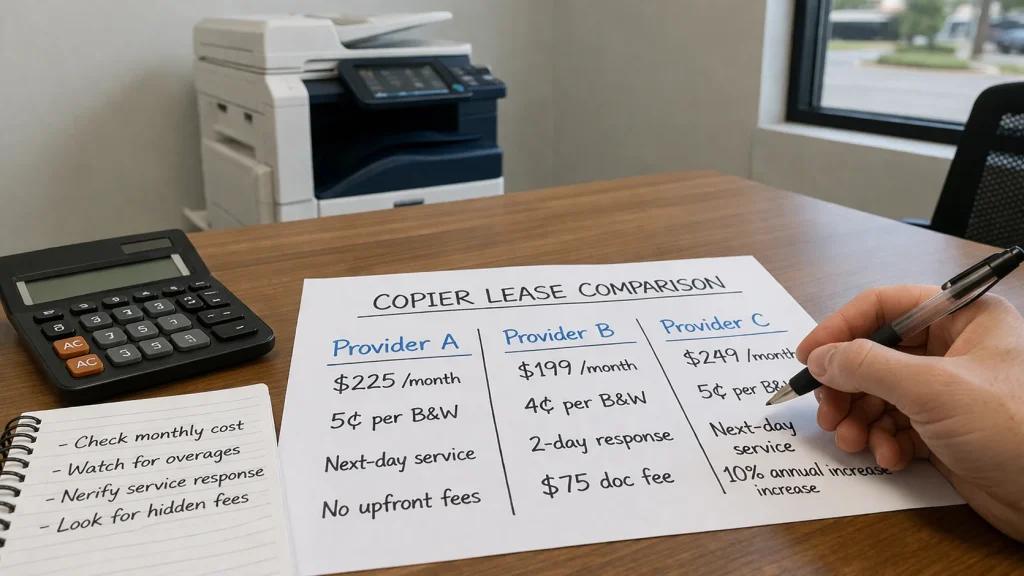 A handwritten checklist next to a copier lease pricing comparison sheet highlighting overages, response times, and hidden documentation fees.